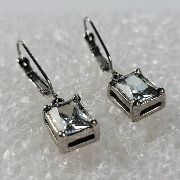Silver Tone Princess Cut Simulated Diamond Dangle Earrings Lever Back Marked PA - Picture 3 of 6